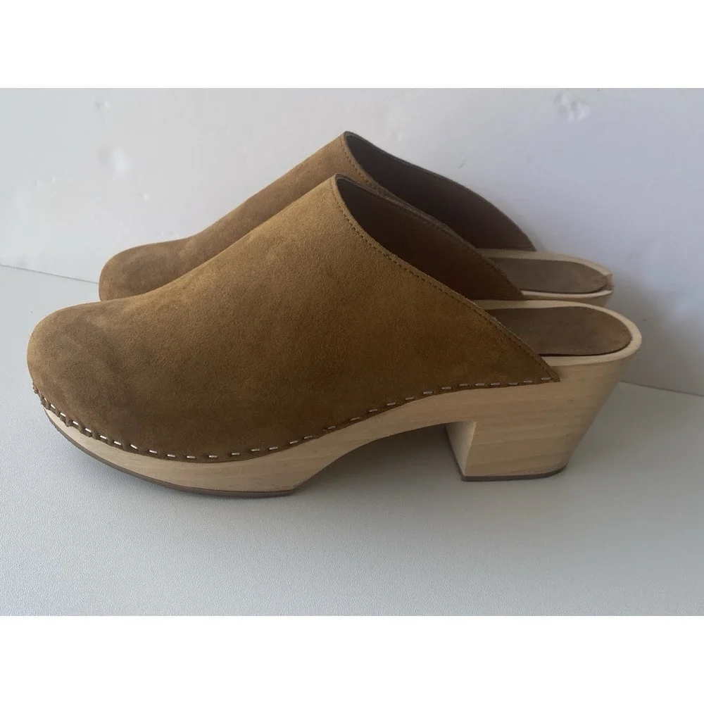 Novacas Vegan Suede Wooden Platform Clogs Sz 41 Cognac Brown Sustainable